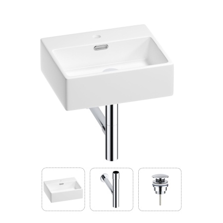 Раковина для ванной Wellsee Graceful Pro 201001311 в наборе 3 в 1: прямоугольная раковина белого глянцевого цвета, сифон, донный клапан в цвете хром