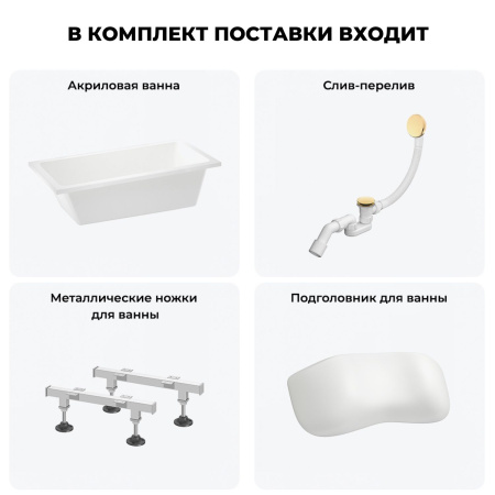 Акриловая ванна в наборе 4 в 1: встраиваемая ванна, слив-перелив, ножки, подголовник Wellsee FreeDom 20212766R