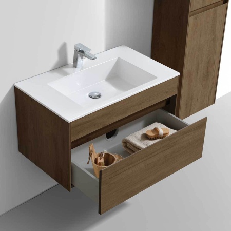 Тумба Vincea Chiara 800 подвесная, 1 выкатной ящик soft-close, T.Oak с умывальником VCB-13800W из искусственного камня, цвет белый