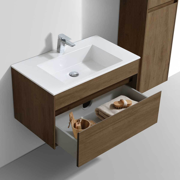 Тумба Vincea Chiara 800 подвесная, 1 выкатной ящик soft-close, T.Oak с умывальником VCB-13800W из искусственного камня, цвет белый