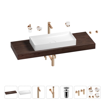 Раковина 75 см со столешницей 140 см Wellsee Pure BY Wellsee 201011854 в наборе 10 в 1: столешница, раковина, высокий смеситель, сифон, выпуск, кран-вентили, аксессуары (цвет розовое золото)