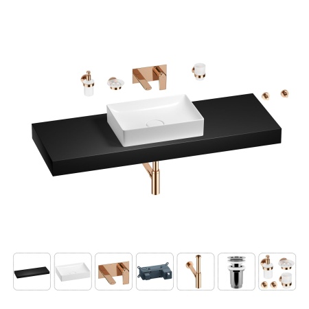 Раковина 50 см со столешницей 140 см Wellsee Pure BY Wellsee 201011544 в наборе 9 в 1: столешница, раковина, встраиваемый смеситель, сифон, выпуск, аксессуары (цвет набора розовое золото)