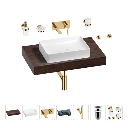 Раковина 50 см со столешницей 80 см Wellsee Pure BY Wellsee 201011148 в наборе 9 в 1: столешница, раковина, встраиваемый смеситель, сифон, выпуск, аксессуары (цвет набора золото)