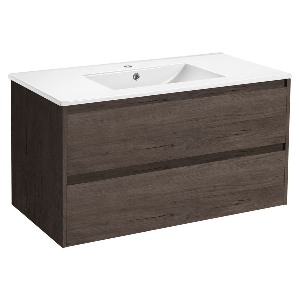 Тумба Vincea Gio 100 подвесная, 2 выкатных ящика soft-close, R.Oak с умывальником VBS-13100 керамическая, цвет белый