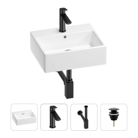 Раковина для ванной Wellsee Graceful Pro 201002912 в наборе 4 в 1: раковина белого глянцевого цвета, смеситель, сифон, донный клапан (цвет набора матовый черный)