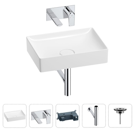 Раковина для ванной Wellsee Pure BY Wellsee 201002651 в наборе 4 в 1: раковина белого глянцевого цвета, встраиваемый смеситель, сифон, выпуск (цвет набора хром)