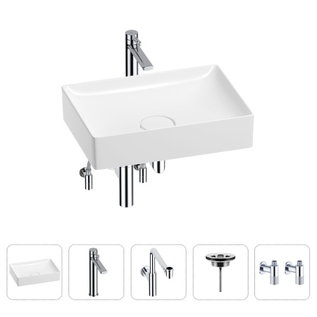 Раковина для ванной Wellsee Pure BY Wellsee 201004421 в наборе 5 в 1: раковина белого глянцевого цвета, высокий смеситель, сифон, выпуск, угловые вентили (цвет набора хром)