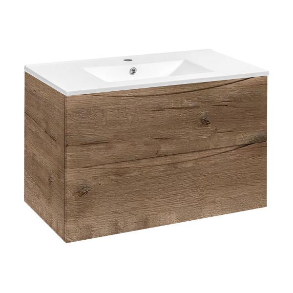 Тумба Vincea Mia 900 подвесная, 2 выкатных ящика soft close, V.Oak с умывальником VBS-13990 керамическая, цвет белый