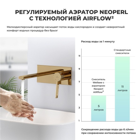 Встраиваемый смеситель для раковины (умывальника) Wellsee ONCE! and forever 182413001, в комплекте блок скрытого монтажа и внешняя панель на стену, латунный, длина излива 110 мм (цвет золотой)
