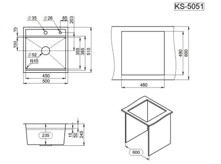 Мойка для кухни Granula Kitchen Space 5051 графит матовый, 50х51 см, квадратная