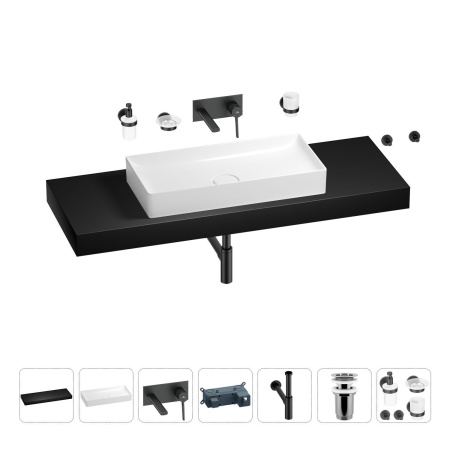 Раковина 75 см со столешницей 140 см Wellsee Pure BY Wellsee 201011907 в наборе 9 в 1: столешница, раковина, встраиваемый смеситель, сифон, выпуск, аксессуары (цвет набора матовый черный)