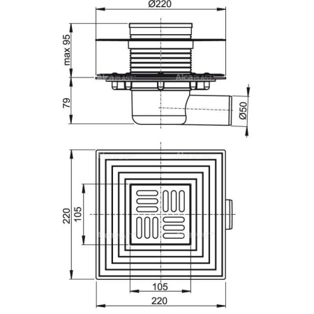Сливной трап Alcaplast 105х105/50 подводка боковая решетка нерж APV1324