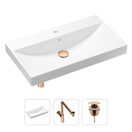 Комплект 3 в 1 Lavinia Boho Bathroom Sink 21520647: врезная фарфоровая раковина 80 см, металлический сифон, донный клапан