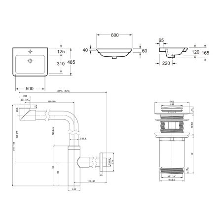 Комплект 3 в 1 Lavinia Boho Bathroom Sink 21520427: врезная фарфоровая раковина 60 см, металлический сифон, донный клапан