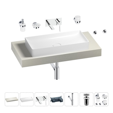 Раковина 75 см со столешницей 100 см Wellsee Pure BY Wellsee 201011566 в наборе 9 в 1: столешница, раковина, встраиваемый смеситель, сифон, выпуск, аксессуары (цвет набора хром)