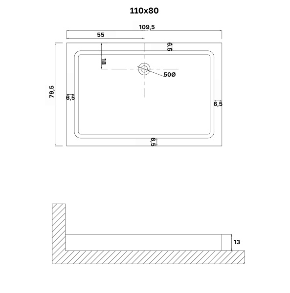 Душевой поддон NG-P1180-14Q (110х80х13) прямоугольник,1 место