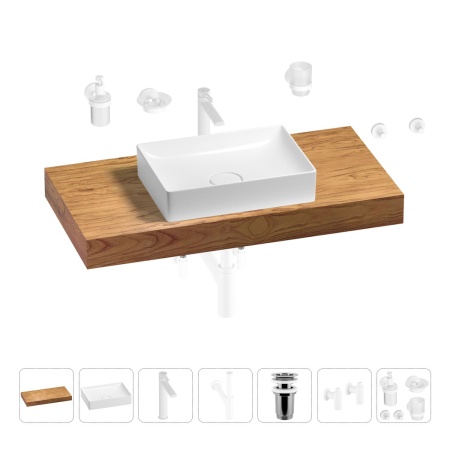 Раковина 50 см со столешницей 100 см Wellsee Pure BY Wellsee 201011240 в наборе 10 в 1: столешница, раковина, высокий смеситель, сифон, выпуск, кран-вентили, аксессуары (цвет матовый белый)