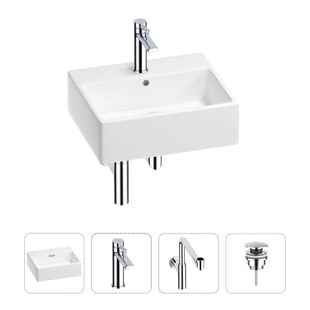 Раковина для ванной Wellsee Graceful Pro 201002946 в наборе 4 в 1: раковина белого глянцевого цвета, смеситель, сифон, донный клапан (цвет набора хром)