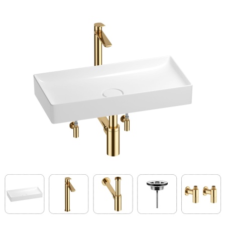Раковина для ванной Wellsee Pure BY Wellsee 201004428 в наборе 5 в 1: раковина белого глянцевого цвета, высокий смеситель, сифон, выпуск, угловые вентили (цвет набора золото)