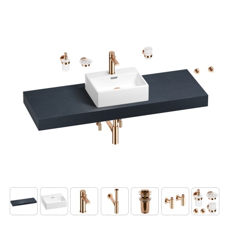 Раковина 43 см со столешницей 140 см Wellsee Graceful Pro 201012349 в наборе 10 в 1: столешница, раковина, смеситель, сифон, донный клапан, угловые вентили, аксессуары (цвет розовое золото)