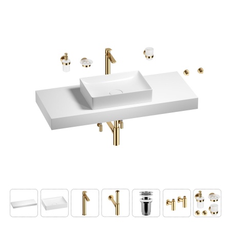 Раковина 50 см со столешницей 120 см Wellsee Pure BY Wellsee 201011393 в наборе 10 в 1: столешница, раковина, высокий смеситель, сифон, выпуск, кран-вентили, аксессуары (цвет золото)
