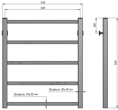 Полотенцесушитель водяной Stinox Quatro 500x600, нижнее подключение, хром, 1/2" ВР (внутренняя резьба), 5 перекладин