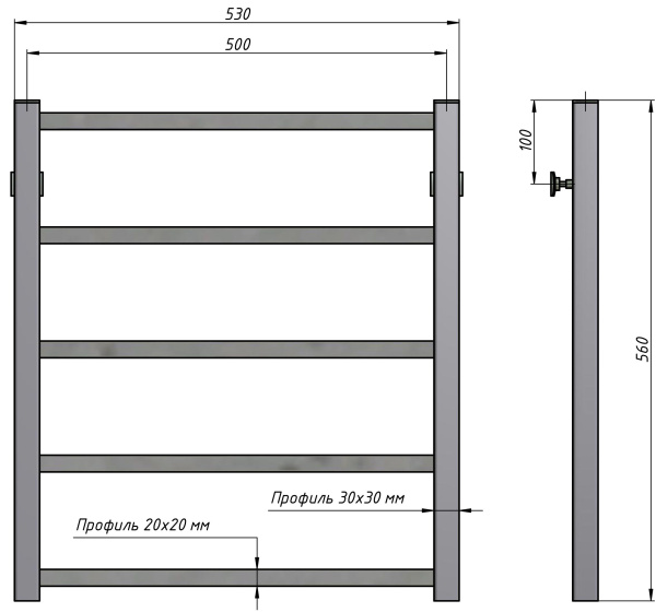 Полотенцесушитель водяной Stinox Quatro 500x600, нижнее подключение, хром, 1/2" ВР (внутренняя резьба), 5 перекладин