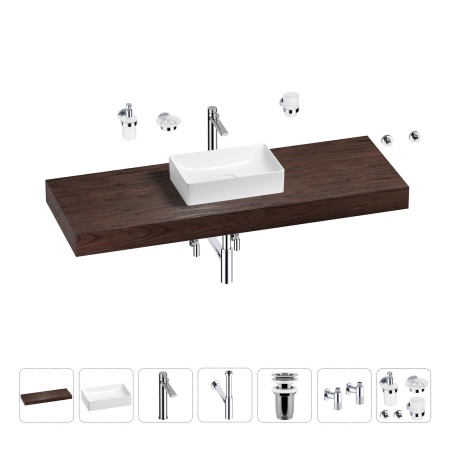 Раковина 42 см со столешницей 140 см Wellsee Pure BY Wellsee 201011026 в наборе 10 в 1: столешница, раковина, высокий смеситель, сифон, выпуск, кран-вентили, аксессуары (цвет хром)