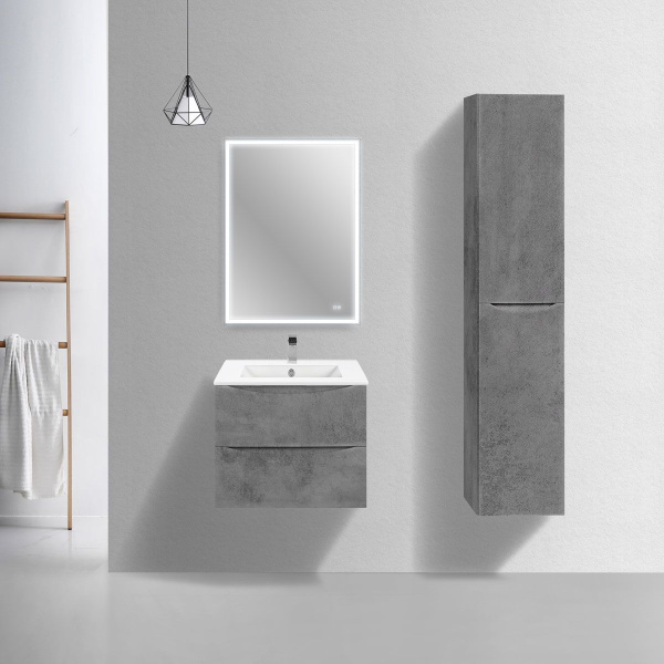 Тумба Vincea Mia Slim 600 подвесная, 2 выкатных ящика soft close, Beton с умывальником VBS-13960S1 керамическая, цвет белый