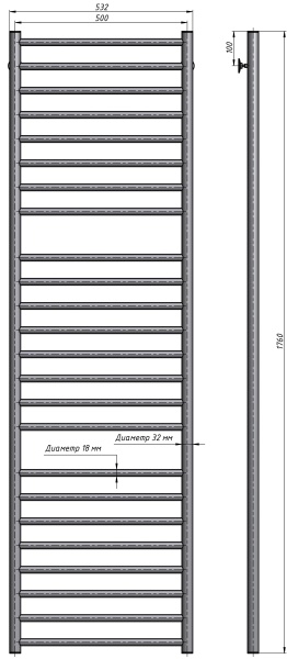 Полотенцесушитель водяной Stinox Toscana Luxe 500x1800, нижнее подключение, хром, 1" НР (наружная резьба), 24 перекладины