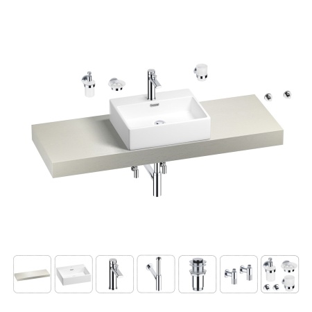 Раковина 50 см со столешницей 140 см Wellsee Graceful Pro 201012576 в наборе 10 в 1: столешница, раковина, смеситель, сифон, донный клапан, угловые вентили, аксессуары (цвет хром)