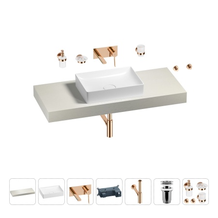 Раковина 50 см со столешницей 120 см Wellsee Pure BY Wellsee 201011329 в наборе 9 в 1: столешница, раковина, встраиваемый смеситель, сифон, выпуск, аксессуары (цвет набора розовое золото)