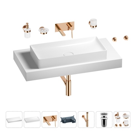 Раковина 75 см со столешницей 100 см Wellsee Pure BY Wellsee 201011649 в наборе 9 в 1: столешница, раковина, встраиваемый смеситель, сифон, выпуск, аксессуары (цвет набора розовое золото)