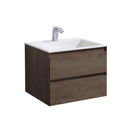 Тумба Vincea Luka 600 подвесная, 2 выкатных ящика soft-close, R.Oak с умывальником VCB-13600W из искусственного камня, цвет белый