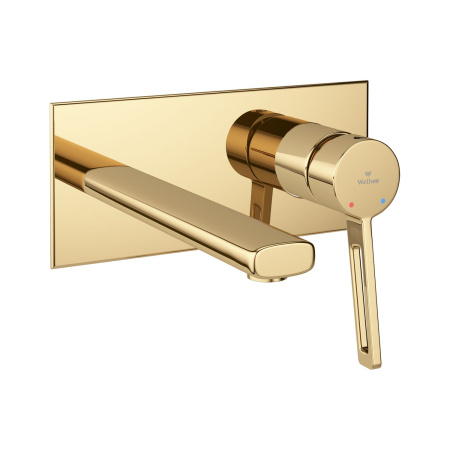 Раковина для ванной Wellsee Pure BY Wellsee 201000753 в наборе 2 в 1: прямоугольная раковина белого глянцевого цвета, встраиваемый смеситель в цвете золото