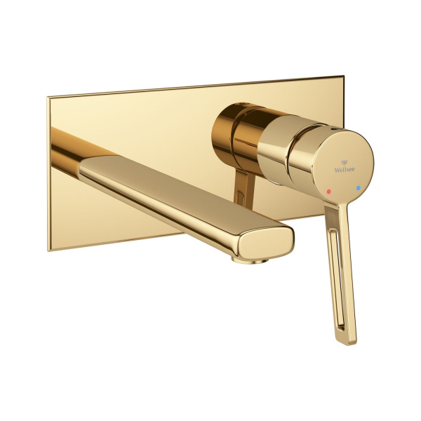 Раковина для ванной Wellsee Pure BY Wellsee 201000753 в наборе 2 в 1: прямоугольная раковина белого глянцевого цвета, встраиваемый смеситель в цвете золото