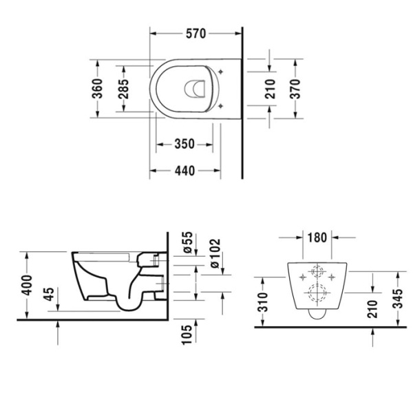 Duravit Me by Starck Комплект: подвесной унитаз 57х37см, Rimless 252909+ сиденье с мягким закрыванием 002009 45290900A1 (252909+002009)