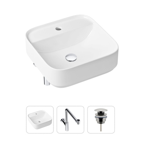 Комплект 3 в 1 Lavinia Boho Bathroom Sink 21520316: накладная фарфоровая раковина 42 см, металлический сифон, донный клапан