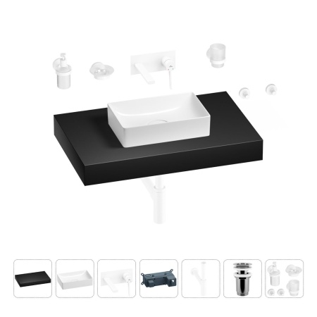 Раковина 42 см со столешницей 80 см Wellsee Pure BY Wellsee 201010800 в наборе 9 в 1: столешница, раковина, встраиваемый смеситель, сифон, выпуск, аксессуары (цвет набора матовый белый)