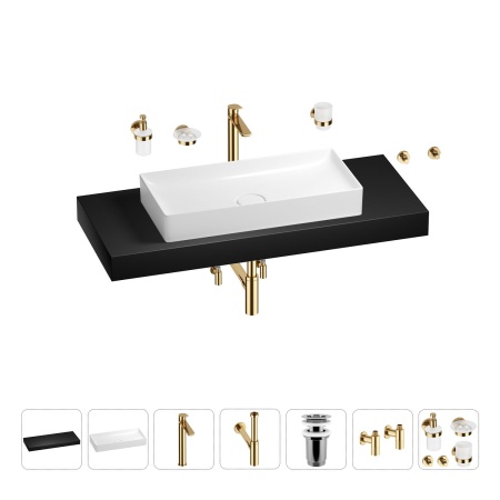 Раковина 75 см со столешницей 120 см Wellsee Pure BY Wellsee 201011773 в наборе 10 в 1: столешница, раковина, высокий смеситель, сифон, выпуск, кран-вентили, аксессуары (цвет золото)