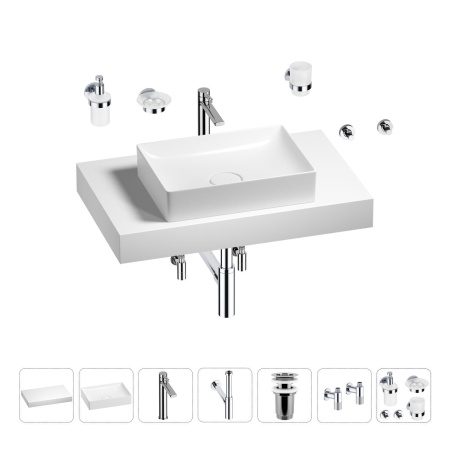 Раковина 50 см со столешницей 80 см Wellsee Pure BY Wellsee 201011156 в наборе 10 в 1: столешница, раковина, высокий смеситель, сифон, выпуск, кран-вентили, аксессуары (цвет хром)