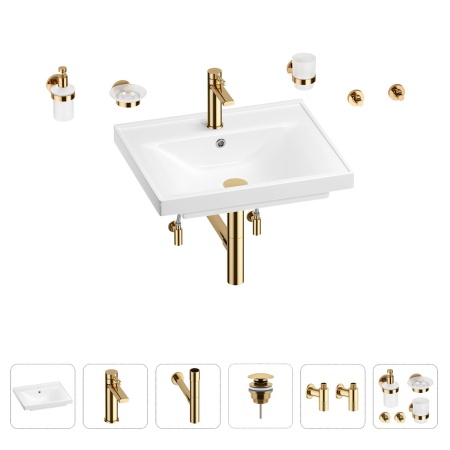 Раковина для ванной Wellsee FreeDom 201006928 в наборе 9 в 1: раковина белого глянцевого цвета, смеситель, сифон, донный клапан, угловые вентили, аксессуары (цвет набора золото)