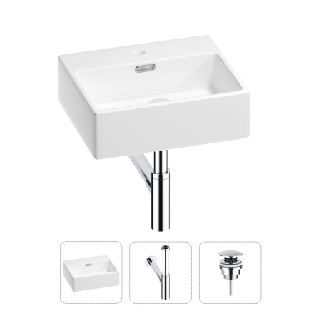 Раковина для ванной Wellsee Graceful Pro 201001316 в наборе 3 в 1: прямоугольная раковина белого глянцевого цвета, сифон, донный клапан в цвете хром