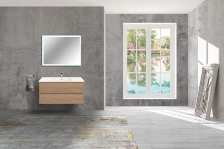 Тумба Vincea Gio 100 подвесная, 2 выкатных ящика soft-close, N.Oak с умывальником VBS-13100 керамическая, цвет белый