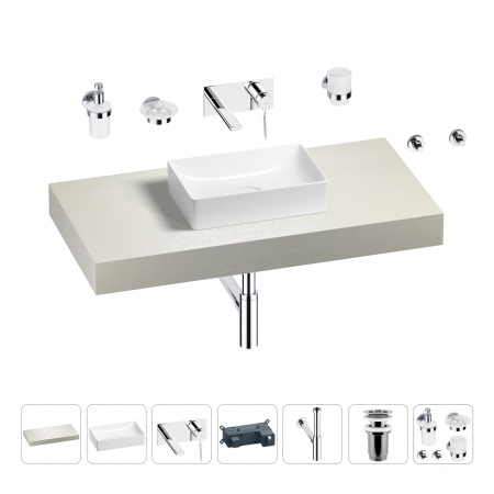 Раковина 42 см со столешницей 100 см Wellsee Pure BY Wellsee 201010811 в наборе 9 в 1: столешница, раковина, встраиваемый смеситель, сифон, выпуск, аксессуары (цвет набора хром)