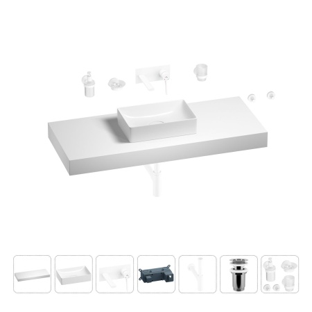 Раковина 42 см со столешницей 120 см Wellsee Pure BY Wellsee 201010965 в наборе 9 в 1: столешница, раковина, встраиваемый смеситель, сифон, выпуск, аксессуары (цвет набора матовый белый)