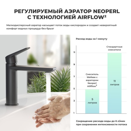 Смеситель для раковины (умывальника) Wellsee ICON! for life 182302000, латунный, однорычажный, высота/длина излива 112/130 мм (цвет матовый черный)