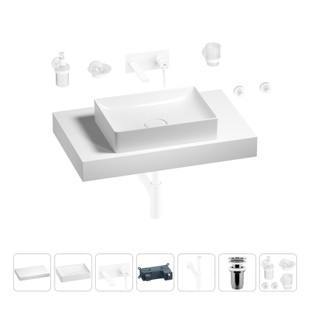 Раковина 50 см со столешницей 80 см Wellsee Pure BY Wellsee 201011170 в наборе 9 в 1: столешница, раковина, встраиваемый смеситель, сифон, выпуск, аксессуары (цвет набора матовый белый)