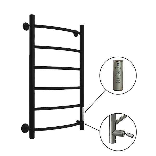 Полотенцесушитель В4  Р80*50 (СНШ, Черный RAL 9005 (мат), 6 вставок, Под скрытый монтаж, С таймером; Правое подкл)