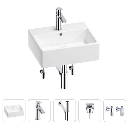 Раковина для ванной Wellsee Graceful Pro 201004576 в наборе 5 в 1: раковина белого глянцевого цвета, смеситель, сифон, донный клапан, угловые вентили (цвет набора хром)